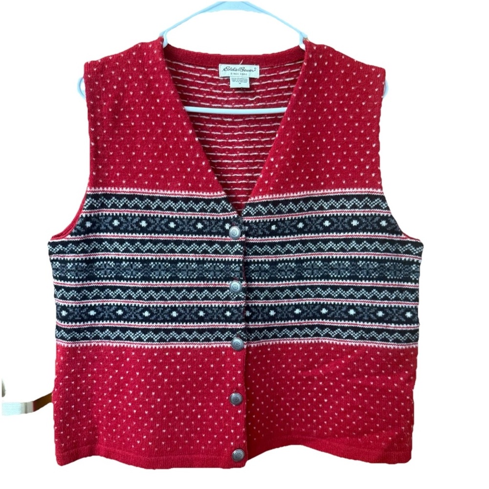 Vintage Eddie Bauer 100% Lambswool Button-Front Knit Vest Festive Sweater Vest M